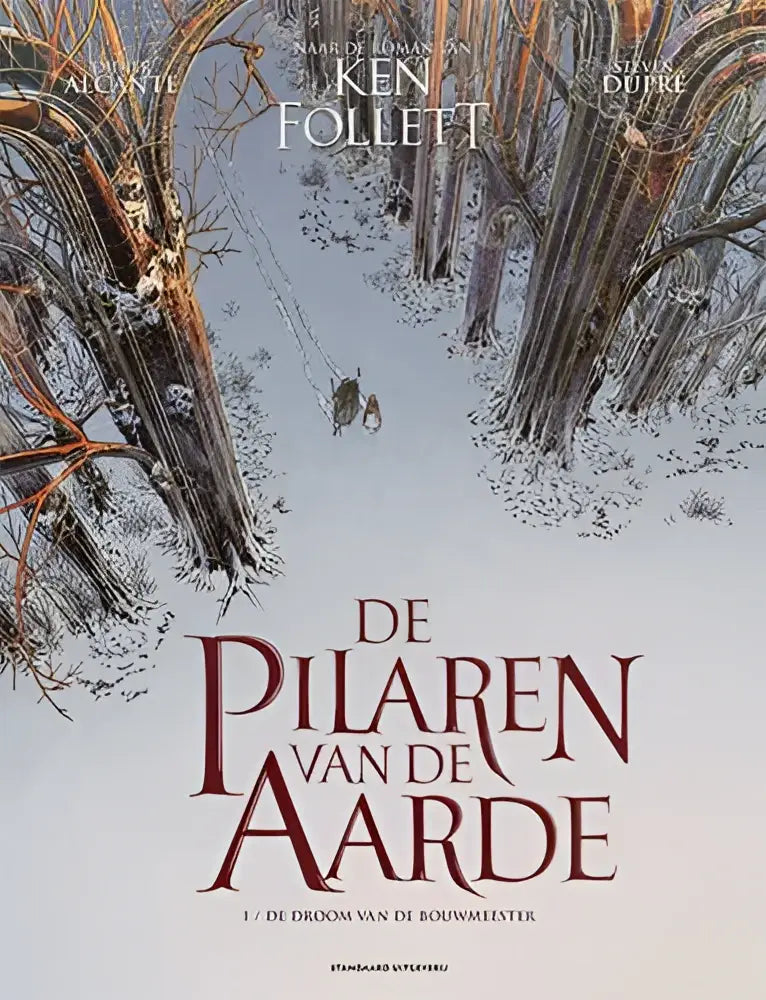 Cover van het geïllustreerde boek de pilairen van de aarde door ken follett met een sneeuwachtig bos en wandelende figuren