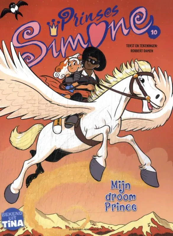De cover van het stripboek prinses simone 10 toont een witte gevleugelde paard met gouden manen in de droom prince serie van robbert damen