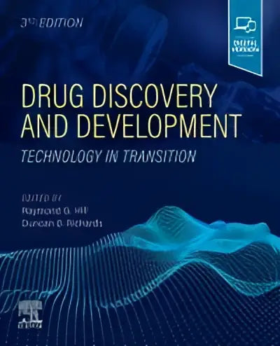 De boekomslag van drug discovery and development toont een modern ontwerp met blauwe en teal digitale golfpatronen
