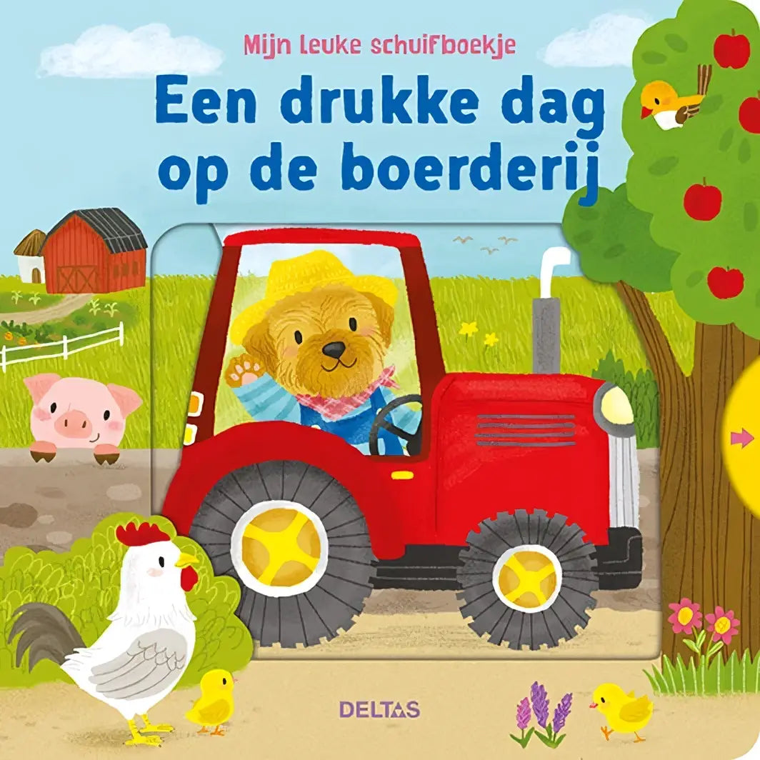 Een drukke dag op de boerderij binnen peuterboeken met rode tractor en gouden retriever in blauwe overall