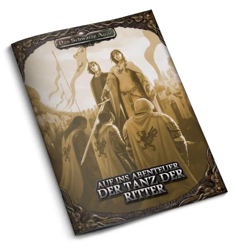 De cover van das schwarze auge ins abenteuer rolspelboek met sepia illustratie van ridders en banieren