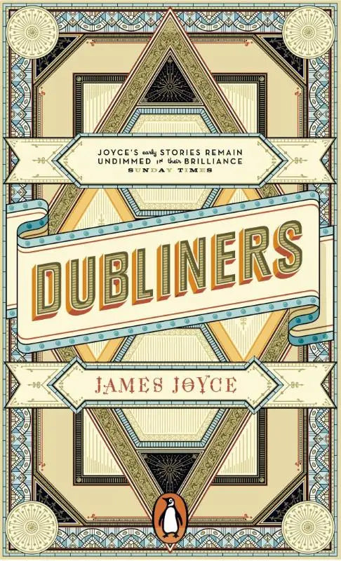 De ornately cover van de penguin classics editie van dubliners door james joyce met geometrische beige, teal en zwarte patronen en een centrale pinguïn logo