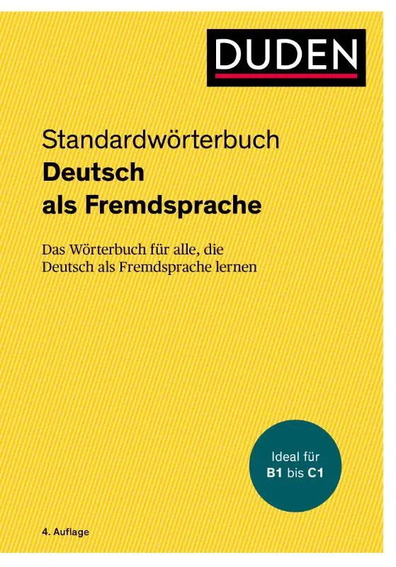 Geel hardcoverwoordenboek duden deutsch als fremdsprache met zwarte tekst en rood-zwart duden logo