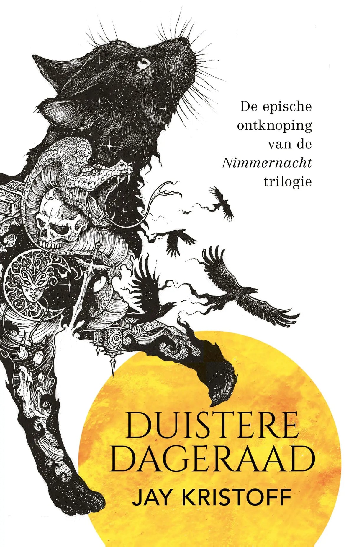 Zwart-wit inktafbeelding van kat met ingewikkelde patronen voor duistere dageraad van jay kristoff luitingh sijthoff fantasy