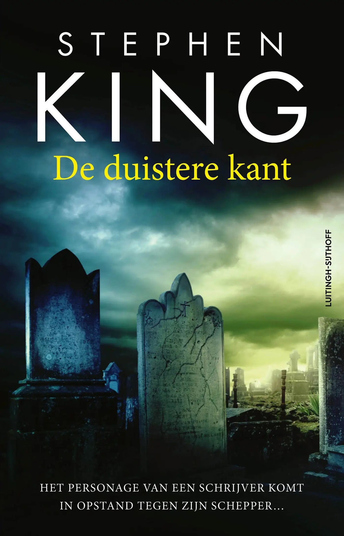 Donkerblauwe en groengetinte boekenkaft met verweerde grafstenen onder een stormachtige lucht voor stephen kings de duistere kant