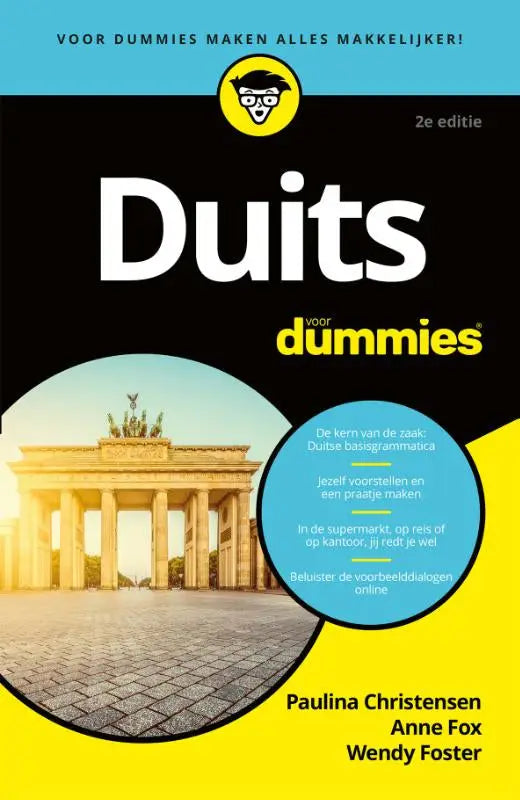 Boekcover van duits voor dummies in zwart en geel met een cirkelvormige afbeelding van de Brandenburger tor