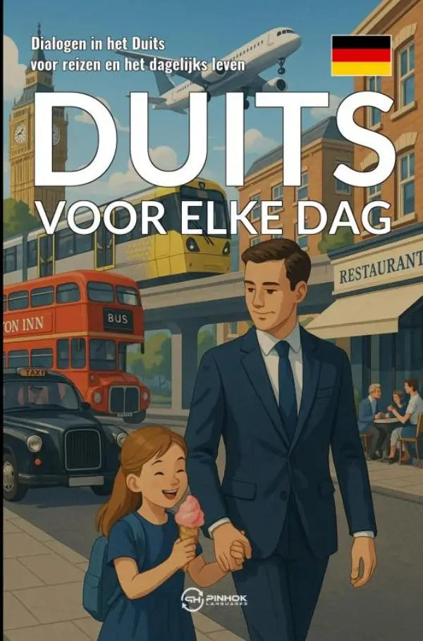 Een kleurrijke illustratie van een boekcover deutsch für jede tag met man en meisje hand in hand op straat voor dagelijks leven