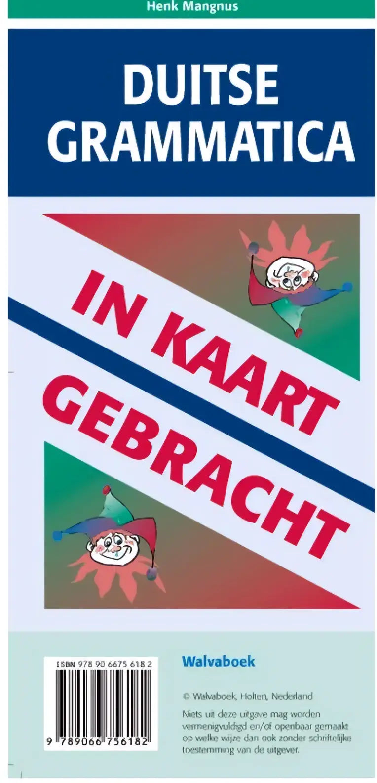 Blauw-witte educatieve uitgave duitse grammatica in kaart gebracht met cartoonillustraties door henk mangnus