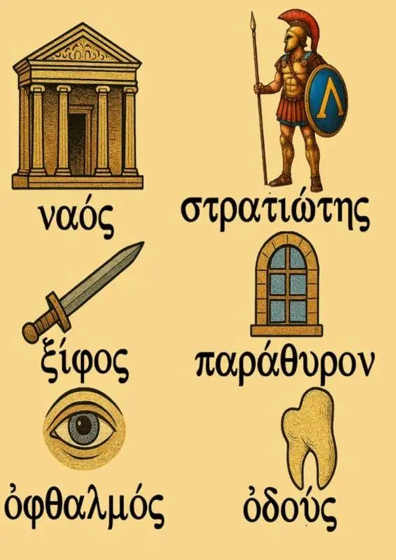 Golden spartan warrior in red helmet holding spear and shield with blue field and gold lambda for duizend griekse woorden visuele geheugensteuntjes