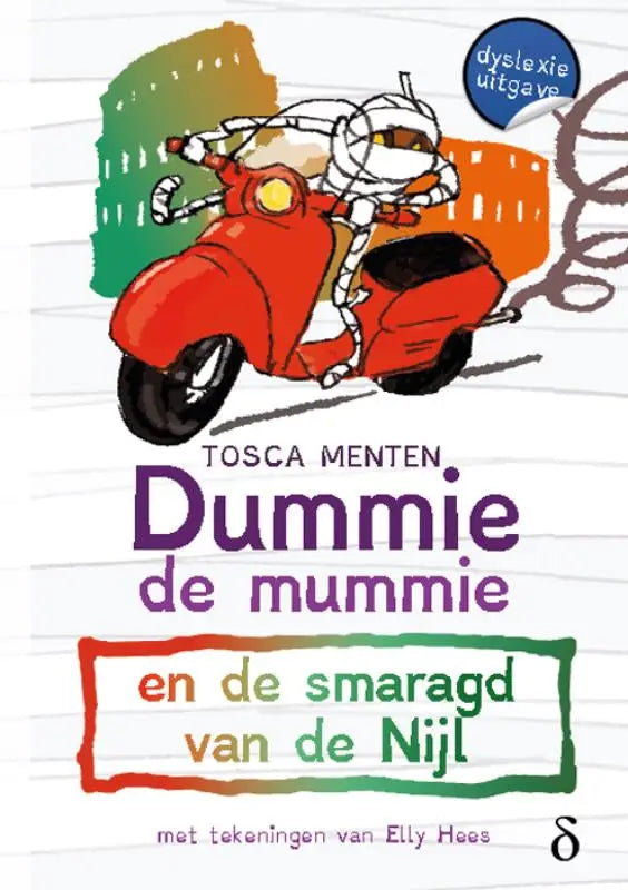 Rode scooter met zwarte banden en sturen bereden door cartoon mummy in dummie de mummie 8 en de smaragd van de nijl