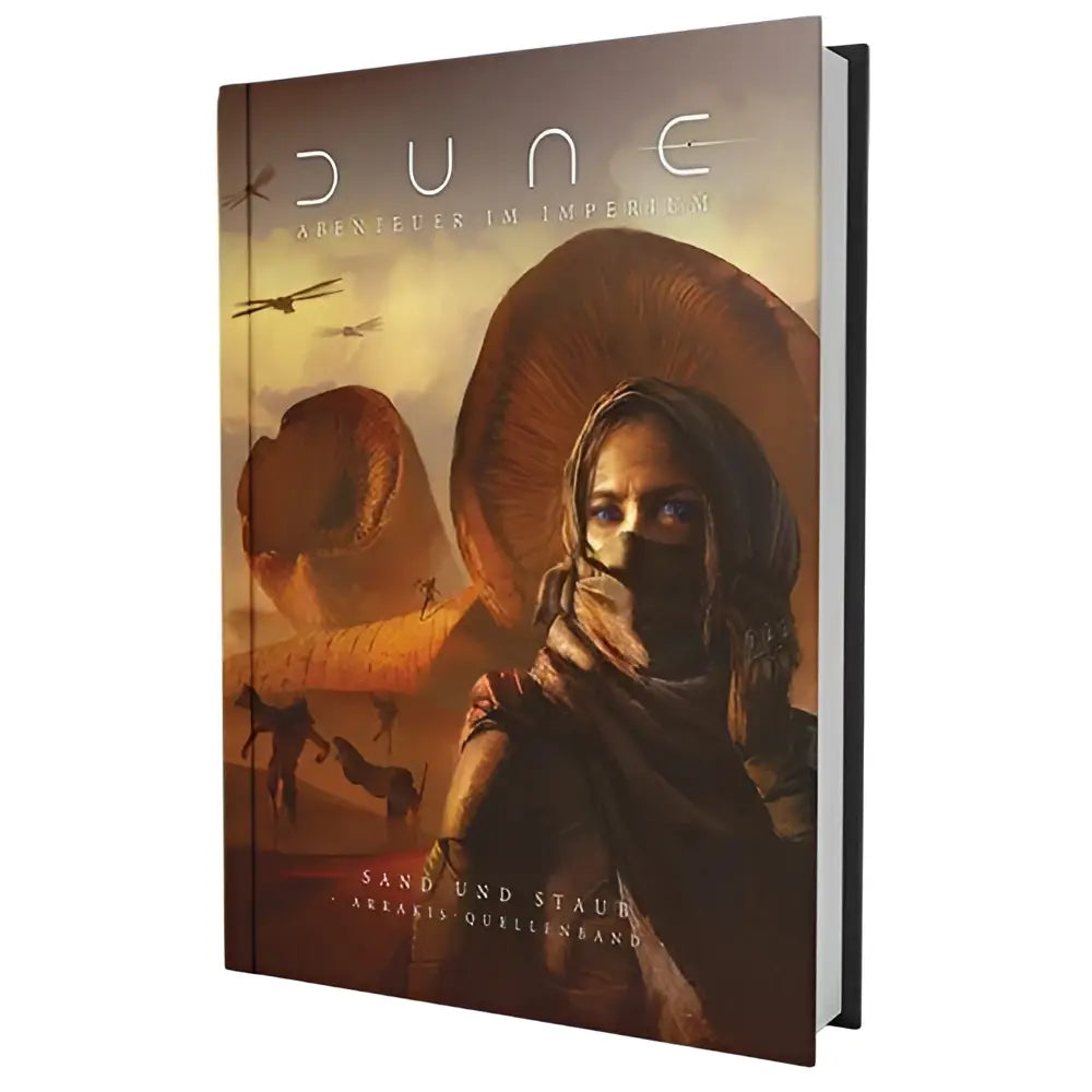 Een hardcover boek dune met een stoffige, woestijnomslag en Duitse tekst voor abenteuer im imperium sand und staub