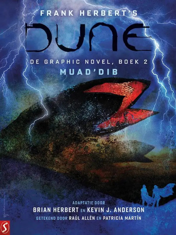 De cover van dune de graphic novel 2 toont muaddib met bliksem en een roodkleurige tongachtig wezen op donkere blauwe achtergrond
