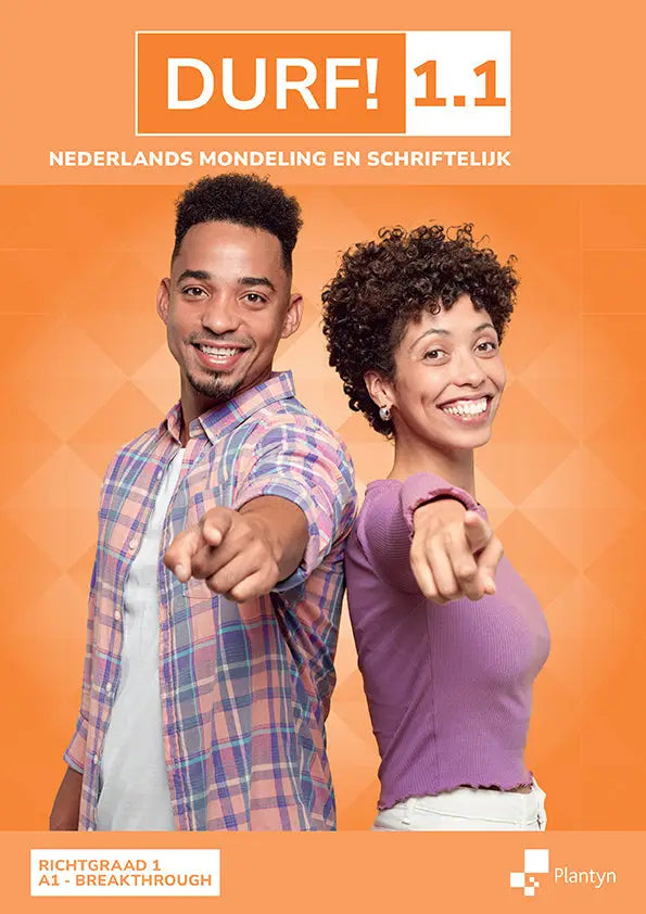 Oranje bedekt dutch taal leerwerkboek durf 1.1 door Plantyn met lachend stel dat vooruit wijst op de voorkant