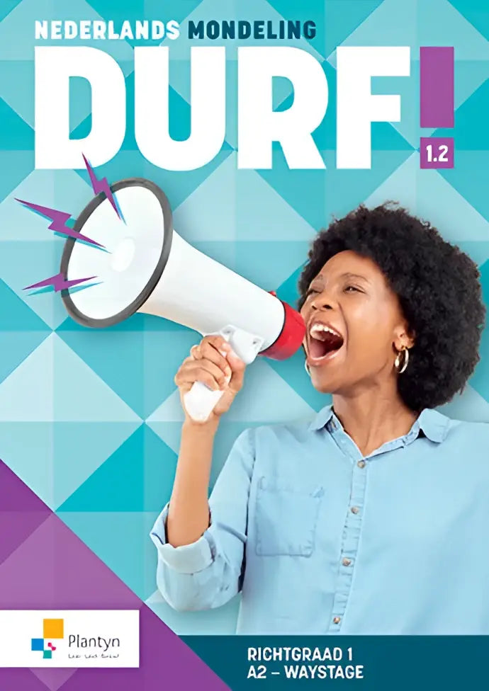 Durf 1.2 waystage a2 leerwerkboeken met app en persoon die een wit rode megafoon met zwarte greep vasthoudt
