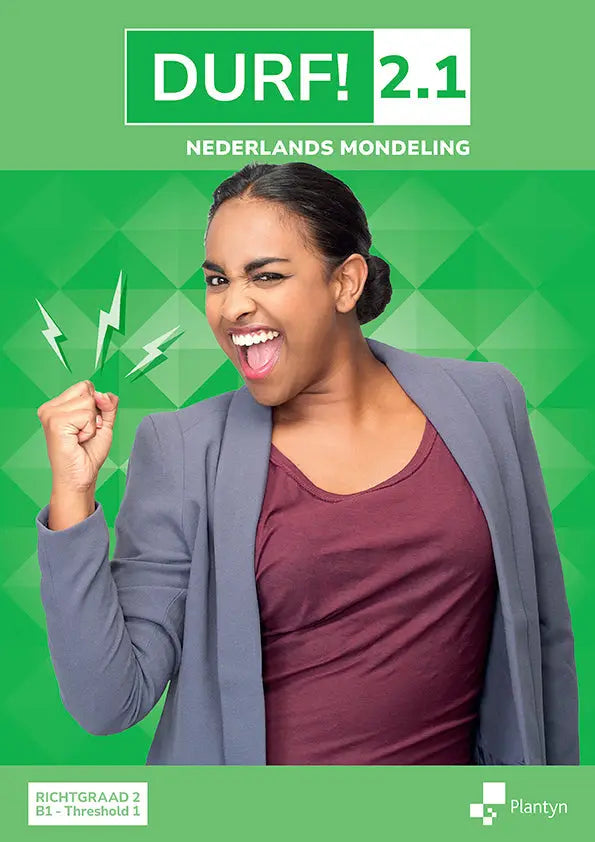 Groen omslagen durf 2.1 nederlands mondeling leerboek van plantyn met glimlachende vrouw en groene geometrische achtergrond