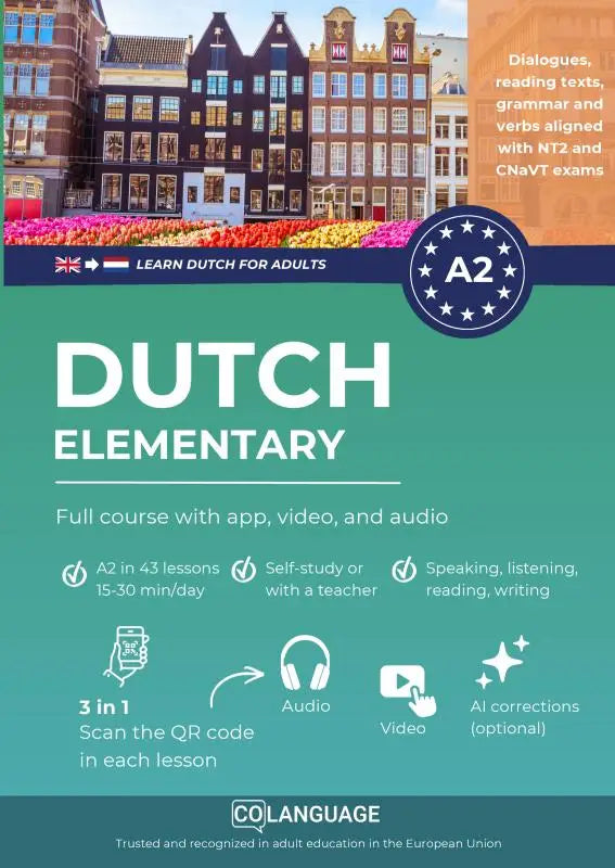 Poster van dutch a2 elementary taalcursus met kleurrijk bloemenperk en historische nederlandse gebouwen voor nt2 en cnavt a2