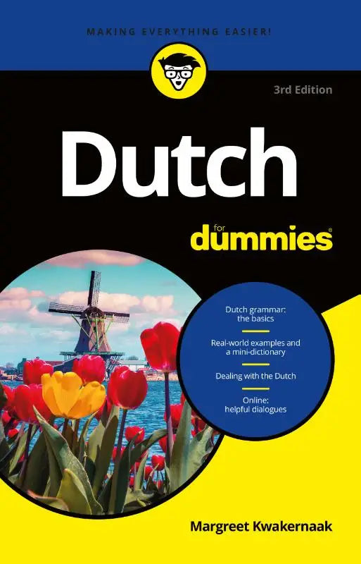 The cover of dutch for dummies 3rd edition by margreet kwakernaak with yellow and black design for learning dutch