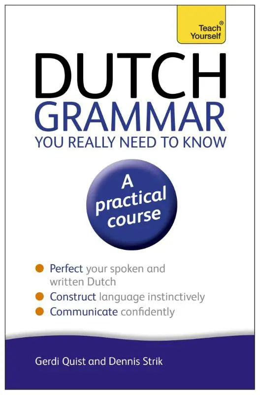A white and blue teach yourself book titled dutch grammar you really need to know with a practical course badge