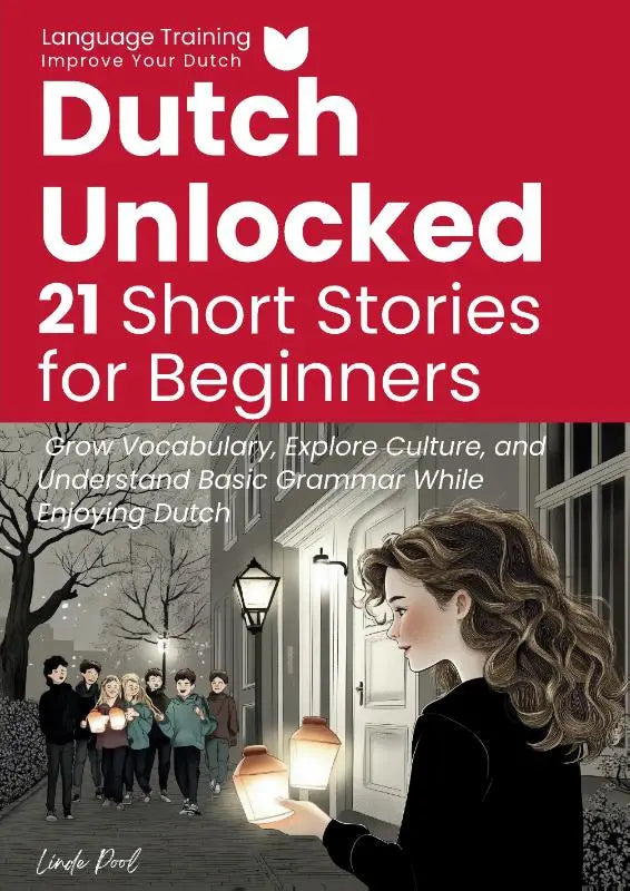 The cover of dutch unlocked features a red background with white text and an illustration for short stories for beginners to grow vocabulary