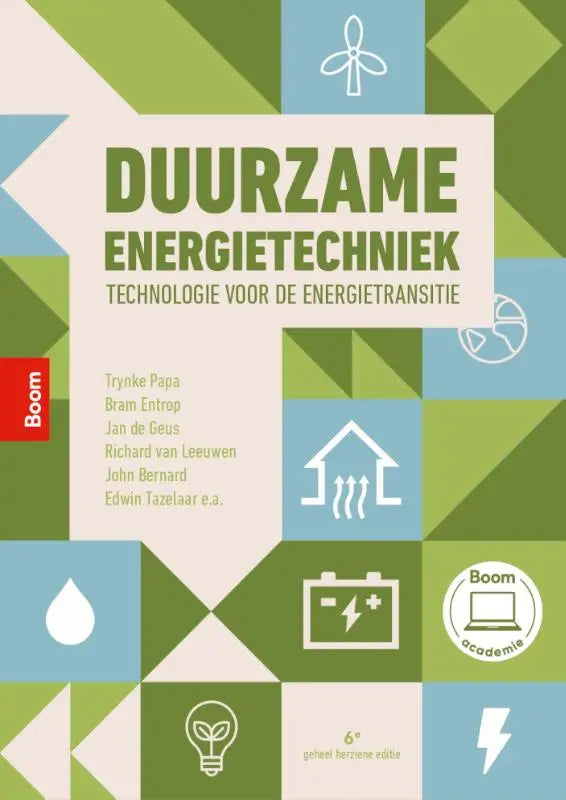 Het boek duurzame energietechniek van ballard asare-bediako en bram entrop toont een geometrisch ontwerp met groene en blauwe duurzame energie-iconen