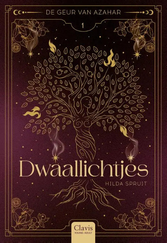 De boekcover van dwaallichtjes toont een gouden levensboom met bladvlammen op paarse achtergrond voor jonge lezers