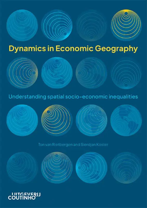 Blauwe boekcover Dynamics in economic geography met blauwe en gouden cirkels