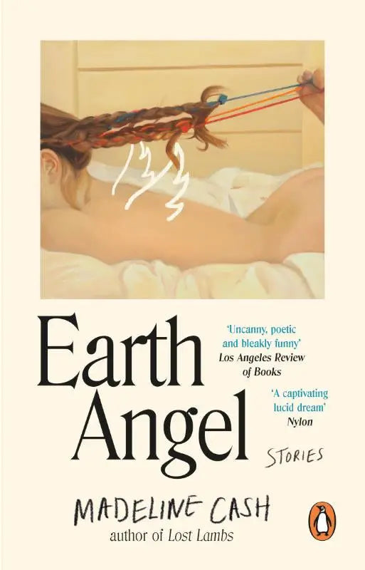 The book cover of earth angel by madeline cash features a painted illustration of a person with braided hair entangled in colorful strings for literaire fictie