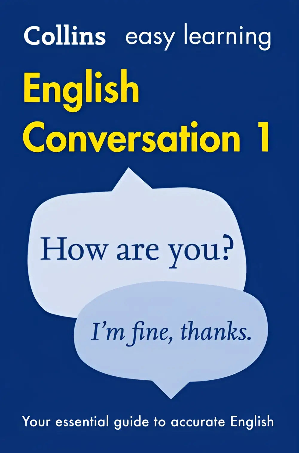 Collins easy learning english conversation 1 boek met marineblauwe omslag en gele titel, met lichtblauwe tekstballonnen voor Engelse gesprekken