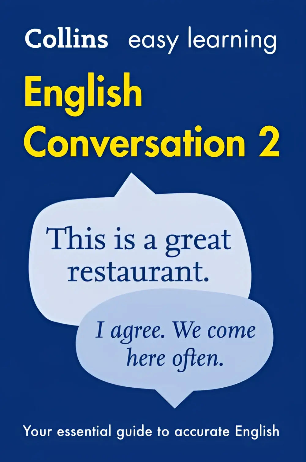 Collins easy learning english conversation 2 boek met gele titel op blauwe omslag en lichtblauwe dialoogballonnen