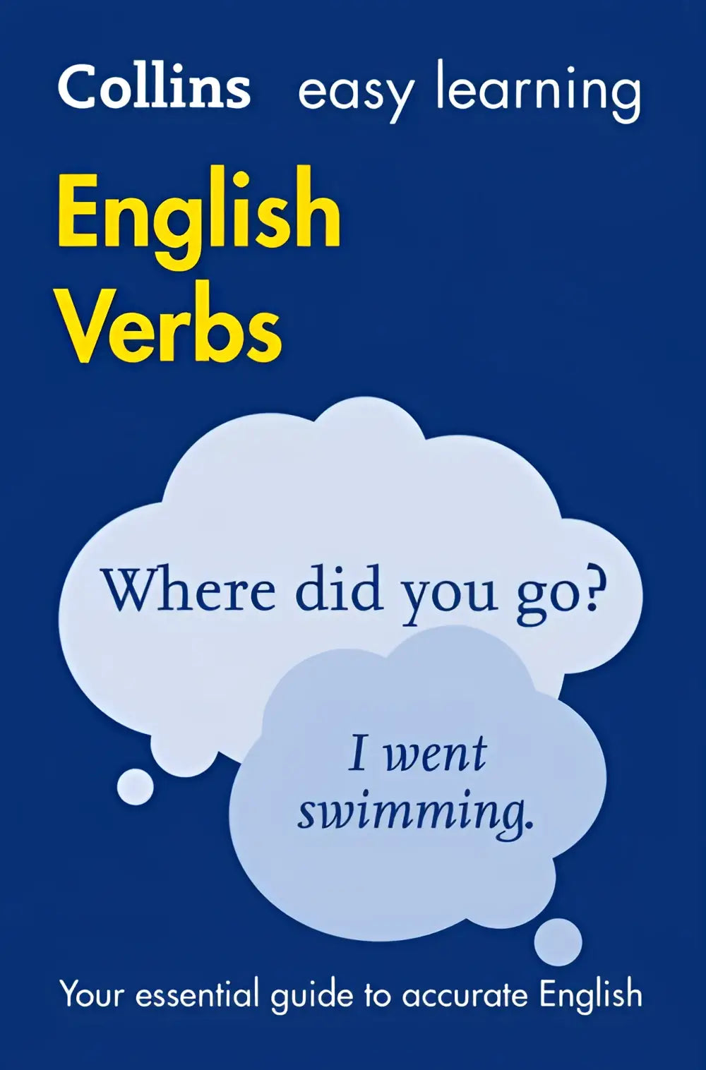 Collins easy learning english verbs boek met blauwe omslag en gele titeltekst met dialoogballonnen voor taalleer
