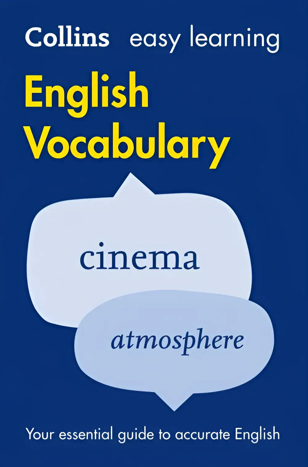 Blauw omslag van easy learning english vocabulary boek toont de woorden cinema en atmosphere in tekstballonnen