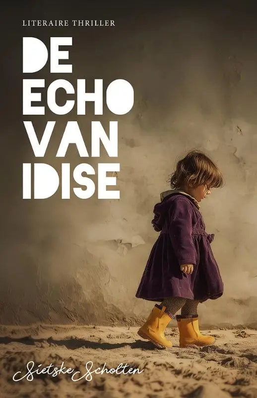 Een jonge kind in een paarse jas en gele laarzen loopt over zandgrond in de echo van idise productfoto
