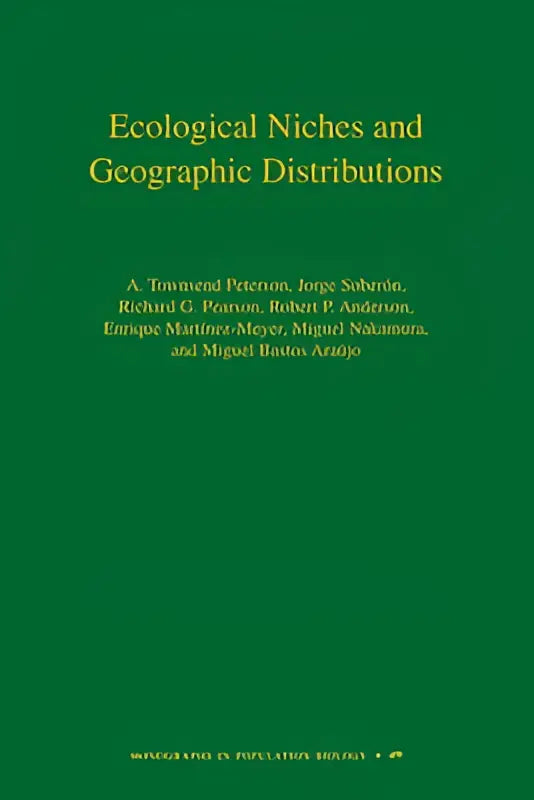 Groen boek met gouden letters getiteld ecologische niches en geografische verspreidingen voor studie van niches en geografische gebieden