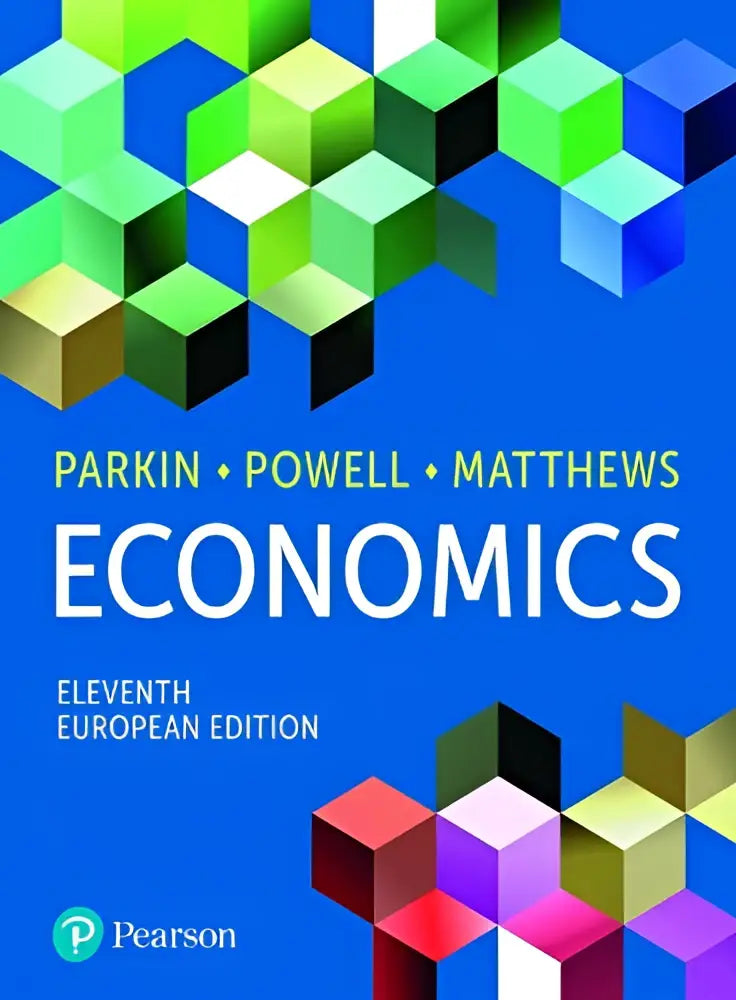De cover van het boek economics european edition toont een blauw achtergrond met kleurrijke geometrische kubussen voor mijnlab economics your first learning