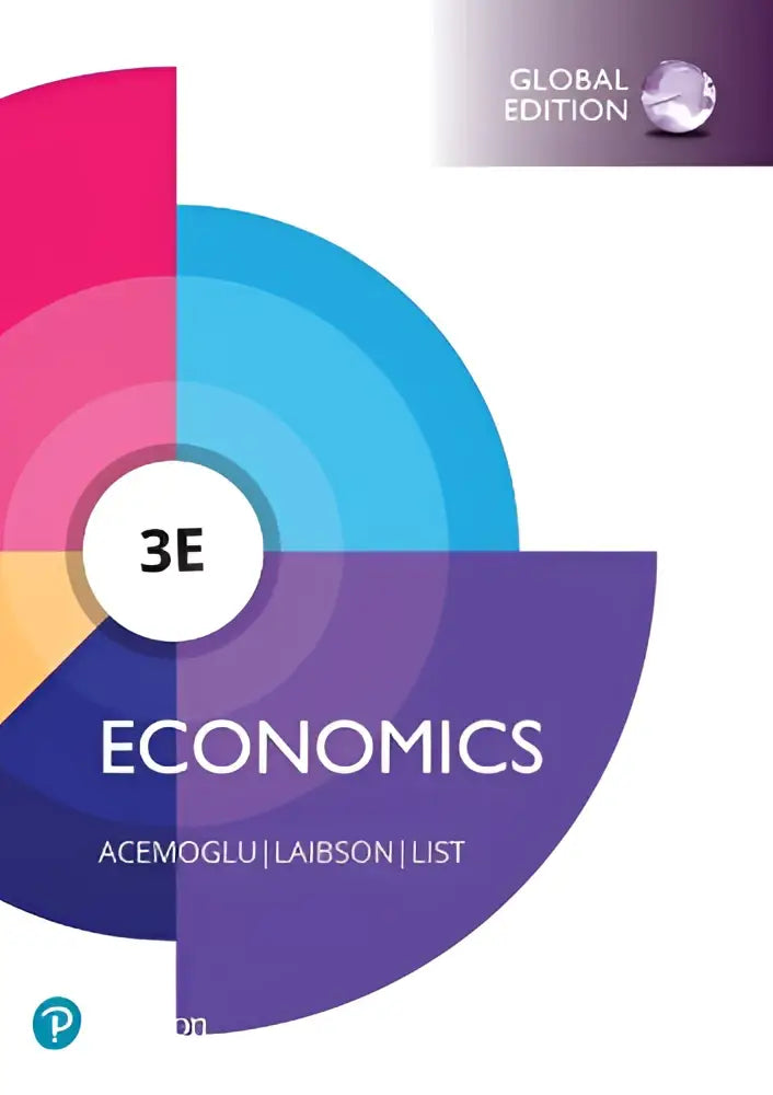De economie global edition van david laibson toont een kleurrijk cirkeldesign met titel in witte letters op paarse achtergrond