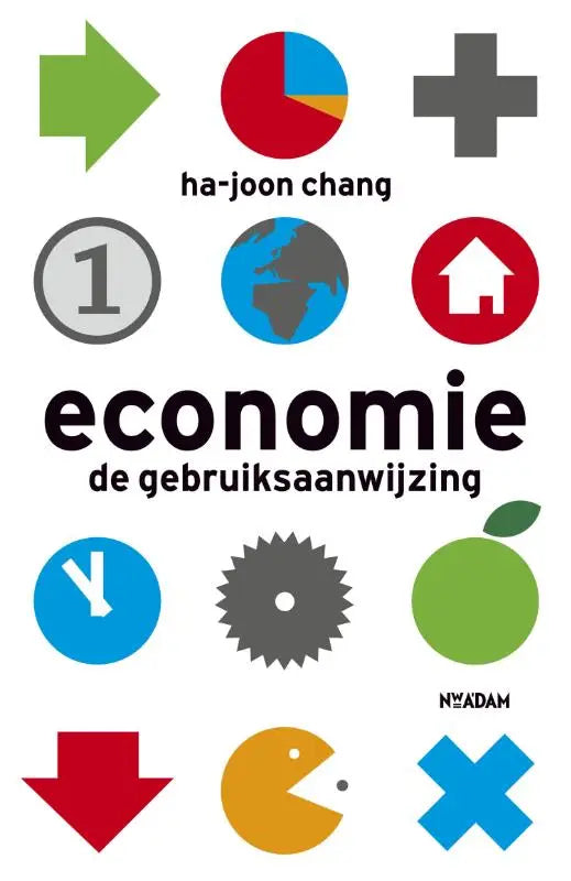 De boekcover van economie de gebruiks aanwijzing door ha-joon chang toont zwarte tekst en kleurrijke iconen op wit achtergrond van park uitgevers moderne geschiedenis