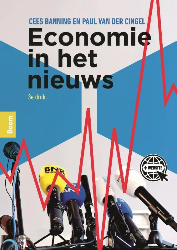 Blauwe en witte geometrische achtergrond met rode lijn grafiek en microfoons voor economie in het nieuws van koninklijke boom uitgevers
