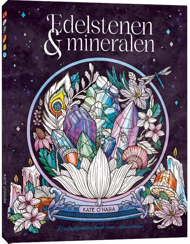 De boekomslag van het mineralen kleurboek toont kleurrijke kristallen en botanische elementen op een donkerpaarse achtergrond