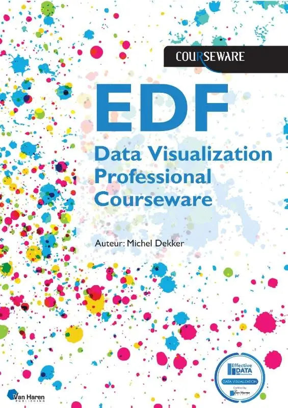 De cover van het edf data visualization professional courseware boek met blauwe tekst en kleurrijke verfspetters op wit