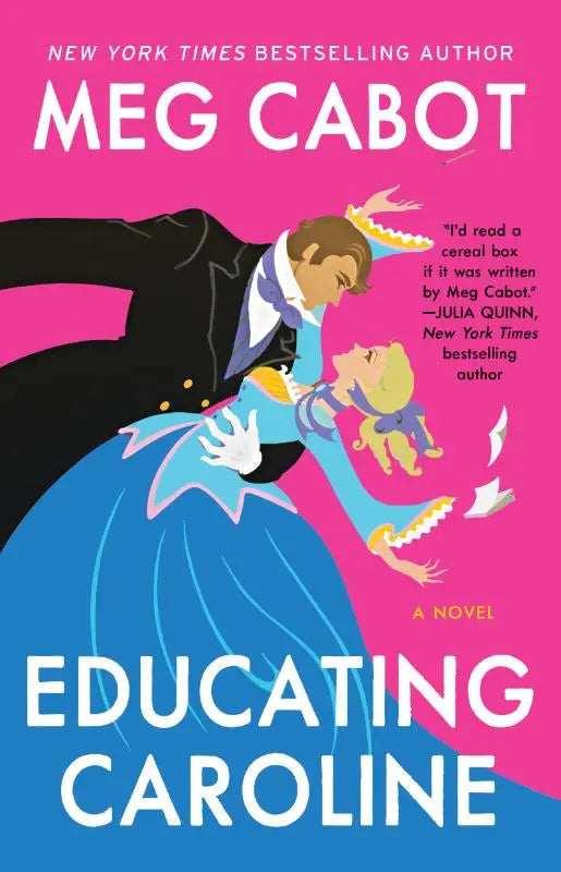 Heldere roze en blauwe boekenkaft van educating caroline door meg cabot met een geïllustreerd dansend paar in formele kleding