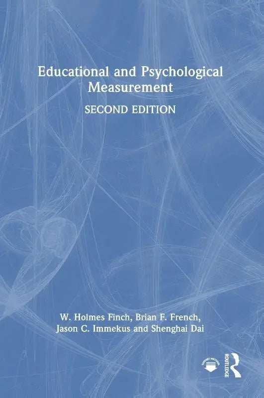 Blauwe boekomslag met witte tekst en abstract netwerkontwerp voor educational and psychological measurement