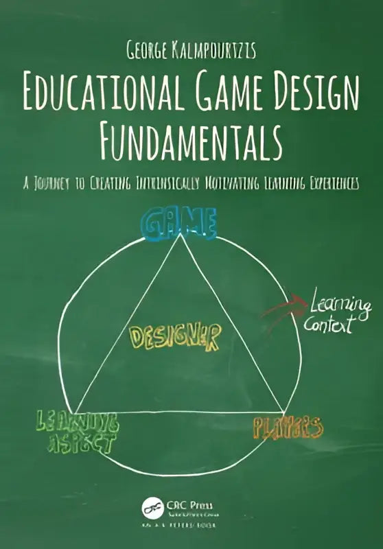 Groen schoolbord met omslag van educational game design fundamentals door george kalmopouris voor educatief gamedesign