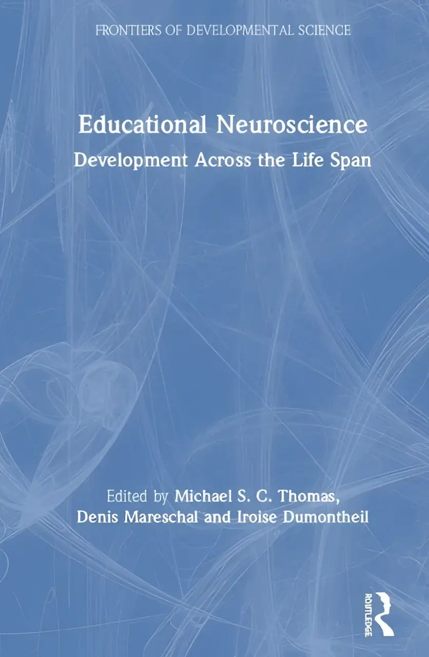Blauw boek met witte tekst en abstract ontwerp van neurale netwerken over educational neuroscience en development across the life span