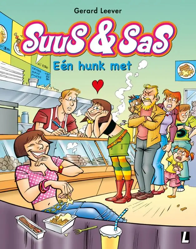 De cover van de comic suus & sas door gerard leever toont kleurrijke personages in een drukke foodshop in één hunk algemeen publiek