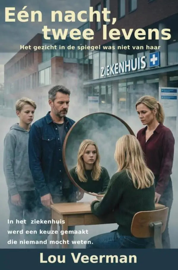 De poster van het Nederlandse thrillerboek één nacht twee levens toont een spiegel met het gezicht van een vrouw aan een bureau