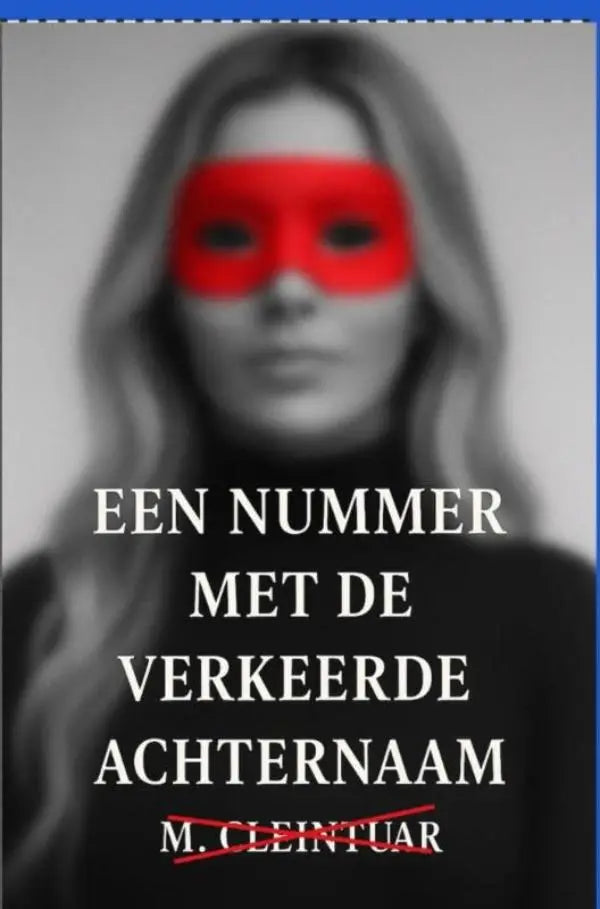 Een boekcover van een vrouw met een opvallend rood masker bij de ogen tegen een grijze achtergrond verkeerde achternaam
