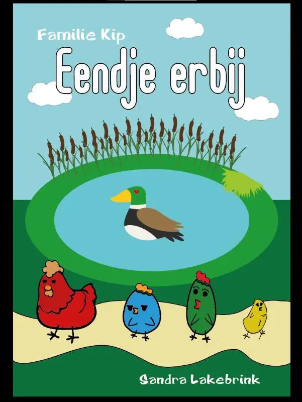 Een cartoon eendje erbij met een gele snavel en groene kop zweeft in de vijver voor jonge lezers