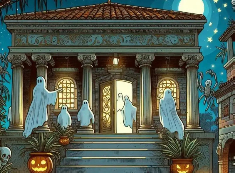 Een spookachtig, doorschijnend wit figuur staat op de trap van een stenen herenhuis onder de volle maan voor eenvoudig latijn iii mostellaria romae