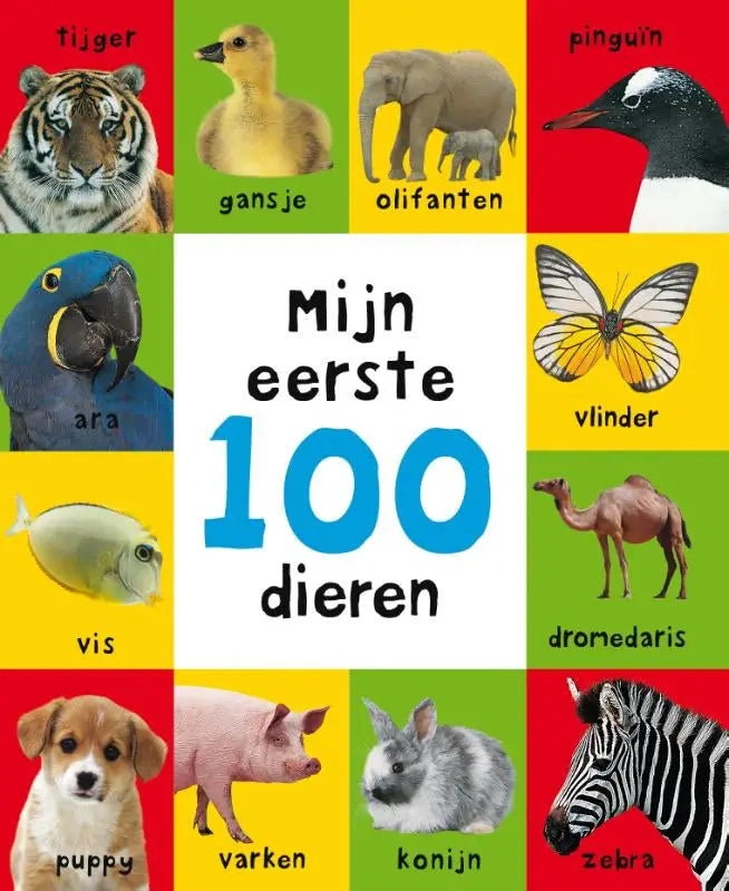 De cover van het kinderboek mijn eerste 100 dieren van roger priddy toont kleurrijke geïllustreerde dieren in een raster