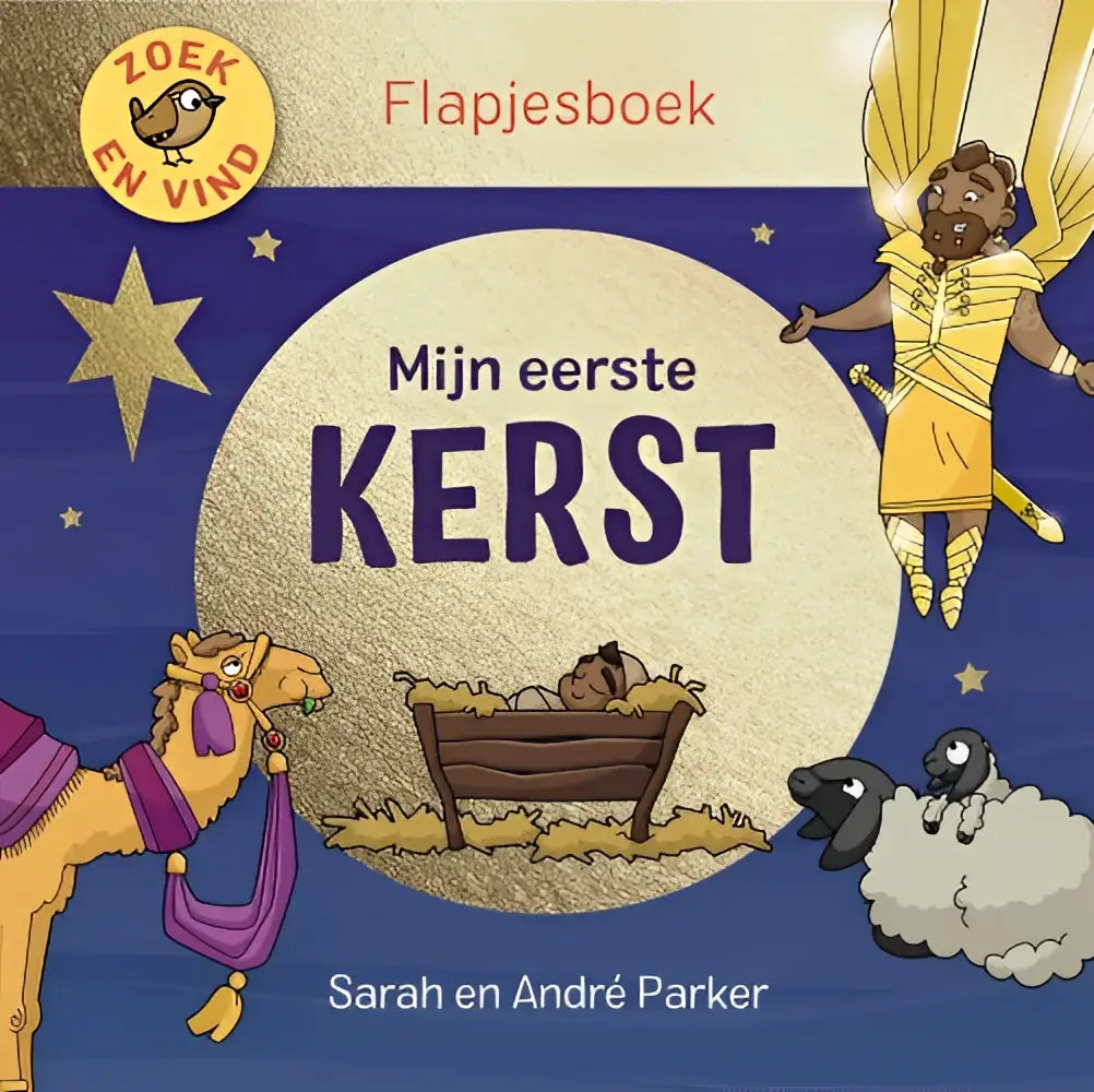 De cover van mijn eerste kerst is een flapjesboek voor jonge lezers met een engel en kameel op een sterachtige blauwe achtergrond